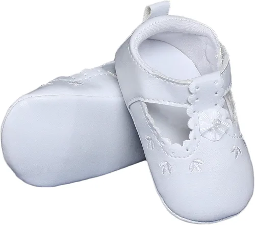 Vista 5 de Little Things Mean A Lot Baby Girls All White Faux Leather Zapato de cuna Mary Jane con acentos de perforación
