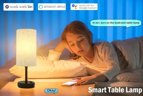 Vista 3 de Lámpara de mesa inteligente funciona con HomeKit, Siri, Alexa, Google Assistant, lámpara inteligente de mesita de noche con salida de CA y puertos