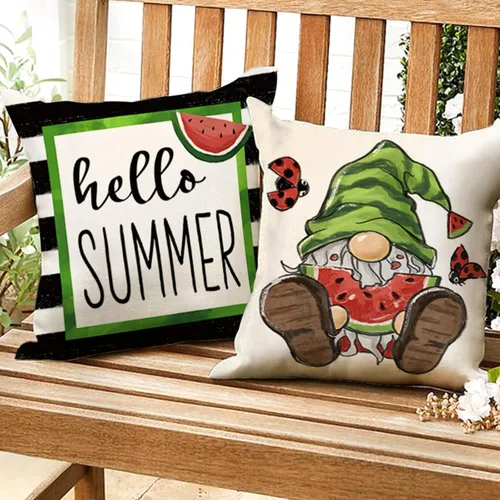 Vista 5 de AnyDesign Fundas de almohada de verano para verano, sandía, gnomo, camión, funda de cojín de rayas blancas y negras, para el hogar