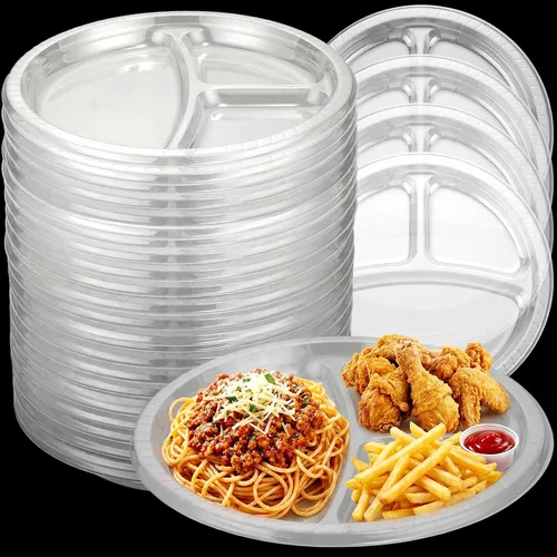 Vista 10 de Umigy 100 platos de plástico divididos de 10 pulgadas, 3 compartimentos, a granel, colorido, desechable, resistente, vajilla redonda para San Negro