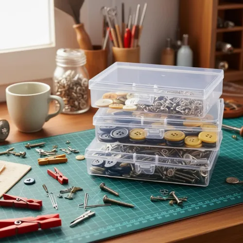 Vista 3 de Goodma 8 contenedores rectangulares vacíos de plástico transparente con tapas con bisagras para objetos pequeños y otros proyectos de manualidades