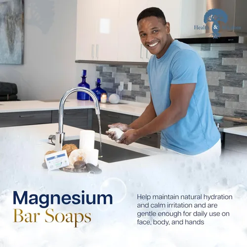 Vista 4 de Health & Wisdom Jabón en barra de magnesio – Jabón corporal hidratante – Hecho a mano con aloe y seis aceites vegetales nutritivos y aceites