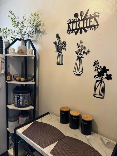 Vista 4 de Qzmaikoo 3 piezas de flores de metal negro para decoración de pared, jarrón, esculturas artísticas para colgar en interiores, cocina, baño, comedor