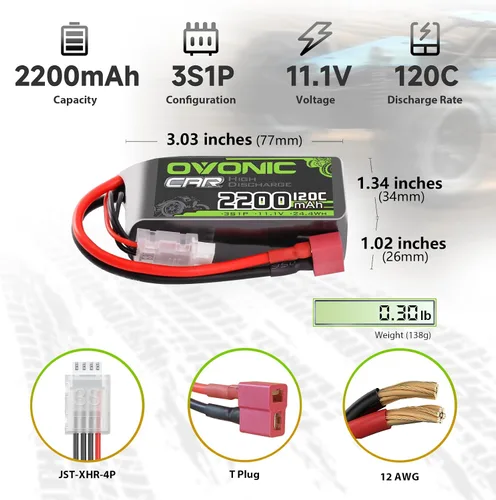 Vista 2 de OVONIC 3S - Batería corta LiPo de 11.1 V 2200 mAh 120C con enchufe en T estilo Dean para coche RC camión, avión, helicóptero, barco, carreras, auto