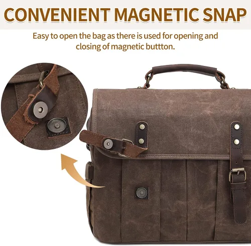 Vista 3 de NerIion Bolsa de mensajero para hombres de 15.6 pulgadas de lona vintage maletín de cuero genuino para hombres bolsa de computadora portátil bolsa