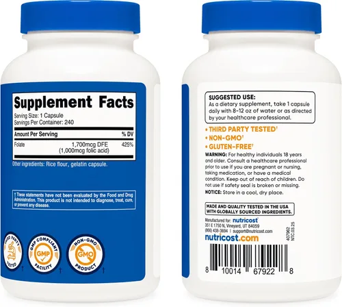 Vista 4 de Nutricost ácido fólico (Vitamina B9) 1000 mcg, 240 Cápsulas, 1 botella, 1