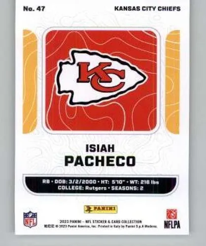 Vista 2 de Colección de tarjetas Panini 2023 (inserto del juego de calcomanías) #47 Isiah Pacheco Kansas City Chiefs NFL Football Trading Card