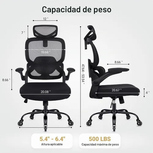 Vista 3 de Silla de oficina ergonómica con reposabrazos abatibles, soporte lumbar ajustable, silla de computadora con respaldo de malla transpirable, sillas