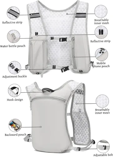 Vista 5 de Chaleco para correr, ligero, transpirable, de gran capacidad, chaleco de hidratación con tiras reflectantes, mochila para correr de maratón