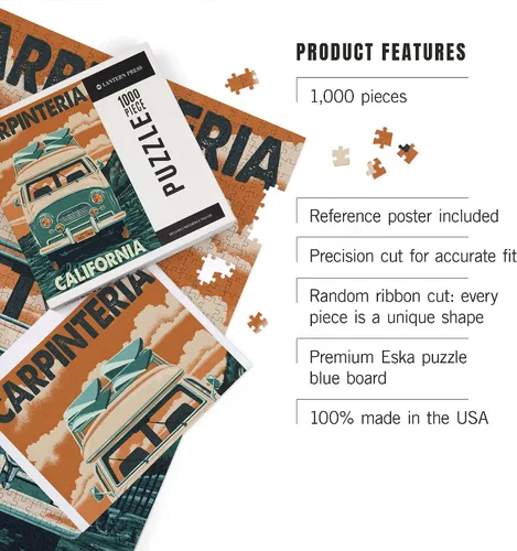 Vista 4 de Lantern Press Carpinteria, California, Letterpress, Camper Van 1000 Piece Jigsaw Puzzle for Adults, Made in USA with Reference Poster