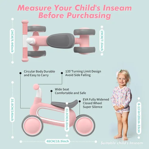 Vista 5 de Bicicleta de Equilibrio para Bebé para Niñas de 1 Año de Edad Regalos, 10-12 Meses Bicicleta de Equilibrio para Niños Pequeños Sin Pedal con 4