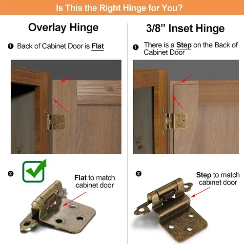 Vista 4 de 4 Pack (2 Pares) Bisagras de cierre automático de latón antiguo para puerta de gabinete de cocina, 1/2" de superposición (variable) Bisagras