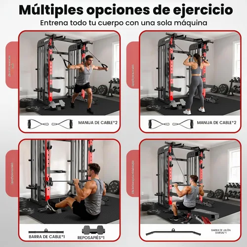 Vista 9 de pooboo Power Cage Smith Machine with 2000LB Squat Rack Cable System LAT Pulldown and Dual Pulley Cable Crossover with All-in-One Home Gym Machine