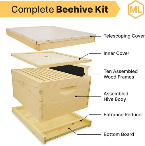Vista 2 de Kit completo para colmena de abejas, sin pintar, ensamblado, hecho en Estados Unidos. Kit de colmena no pintado