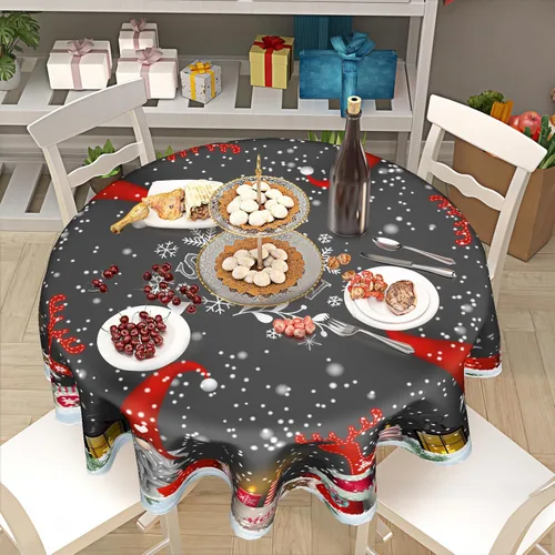 Vista 7 de Giwawa Mantel redondo de gnomo de invierno, mantel reutilizable de elfo de Navidad, 60 pulgadas, diseño de copo de nieve, alce, resistente al calor