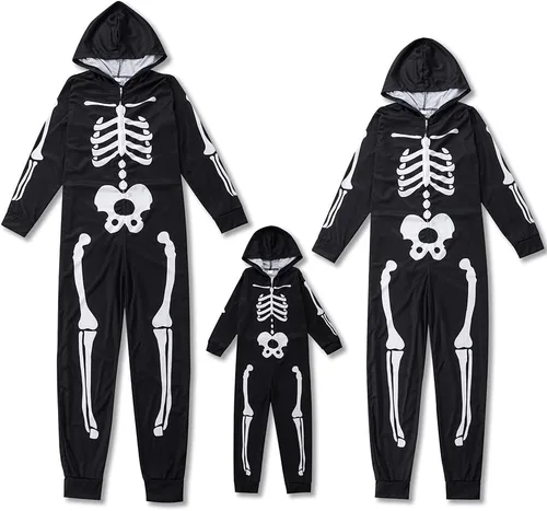 Vista 2 de Pijamas de Halloween a juego para la familia, divertido esqueleto impreso con cremallera pijamas Halloween cosplay disfraz para hombresmujeresniños