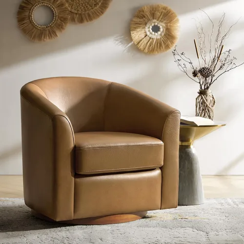 Vista 8 de HULALA HOME Silla giratoria de cuero genuino con base de madera maciza Beige