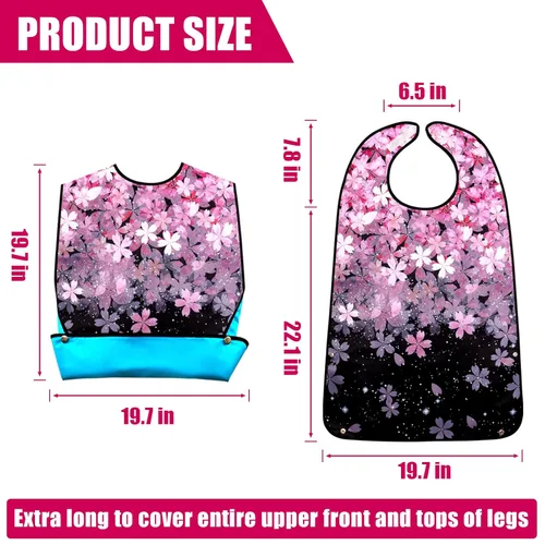 Vista 2 de Baberos para adultos, paquete de 3 baberos para adultos con flor de cerezo para mujeres, lavables con atrapa migas (negro y rosa, paquete de 3)