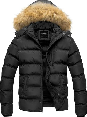 Vista 18 de Pursky Chaqueta de plumón impermeable para hombre, abrigos de invierno con capucha de piel para esquiar, parka con capucha de piel Verde militar