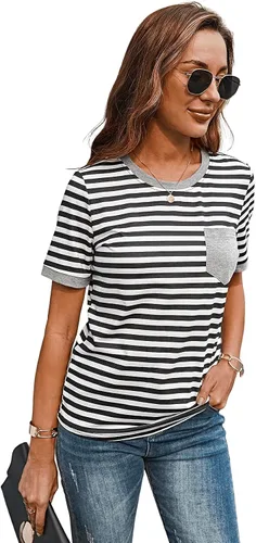 Vista 5 de SweatyRocks Camiseta casual para mujer, cuello redondo, a rayas, manga corta, con bolsillo