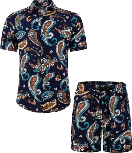 Vista 2 de Atwfo Conjunto de camisa hawaiana y pantalón corto para hombre, conjunto de 2 piezas para vacaciones, casual, con botones, playa, trajes florales