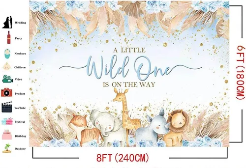 Vista 4 de Mocsicka Telón de fondo para baby shower de safari para niños, diseño bohemio, animales de la selva, un poco salvaje, uno está en el camino, vinilo