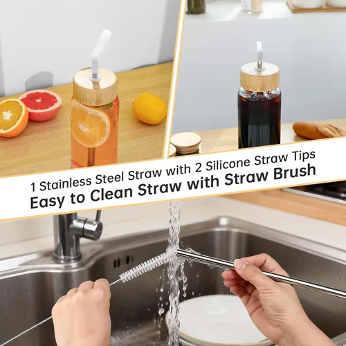 Vista 5 de Botella de agua de vidrio de 32 onzas con popote, reutilizable, ecológica, sin bisfenol A, botellas de agua de vidrio de borosilicato con 2 tapas