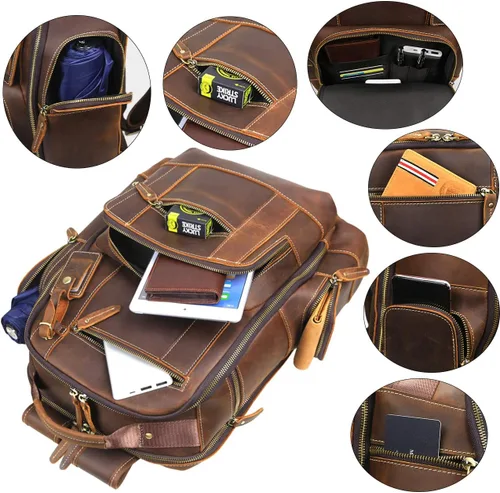 Vista 2 de Lannsyne Mochila vintage de cuero de grano completo para hombre de 15.6 pulgadas, mochila para laptop de camping y viajes, mochila de 24 L, Marrón