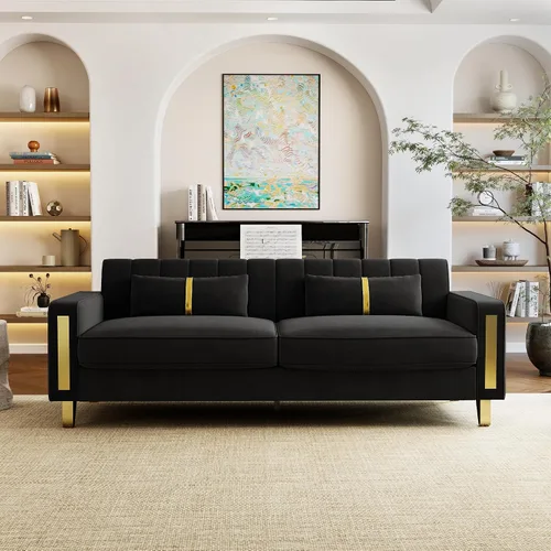 Vista 8 de Sofá de dos plazas para sala de estar, sofá de terciopelo beige de 86 pulgadas con 2 almohadas y patas de metal dorado, sofá tapizado moderno sofá