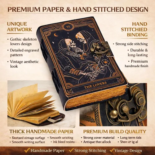 Vista 3 de C CUERO Libro de hechizos Diario de cuero con borde deckle de papel Grimorio impreso diario de los amantes del tarot, cuaderno de tarot en espiral