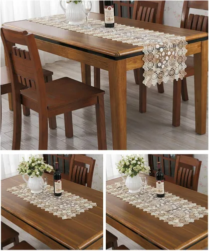 Vista 7 de Camino de mesa con bordado floral de encaje, bufanda rectangular transparente de poliéster para decoración de mesa del hogar, comedor, 16 x 35 Beige