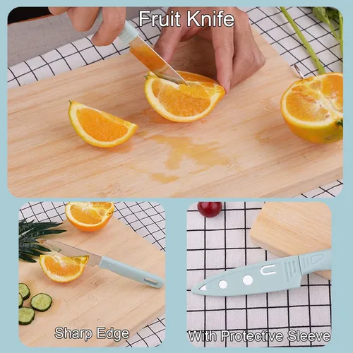 Vista 5 de Juego de tablas de corte Magicorange para viajes, 4 piezas, juego portátil mini de tablas de cortar de plástico para camping y cuchillo de acero Azul