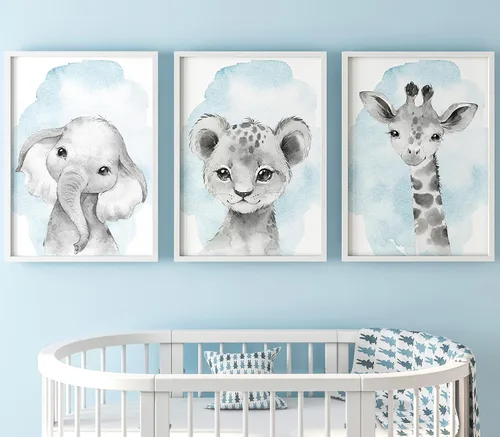 Vista 8 de Safari Animals - Juego de 3 impresiones artísticas de pared sin marco, carteles de animales grises con pajarita azul, elefante jirafa león, póster
