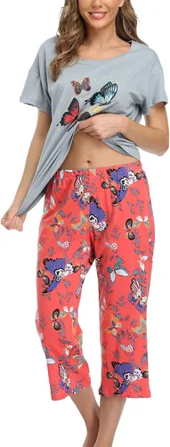 Vista 4 de ENJOYNIGHT - Conjunto de pijama de algodón para mujer, pijama de manga corta y pantalones capri, ropa de dormir de 2 piezas
