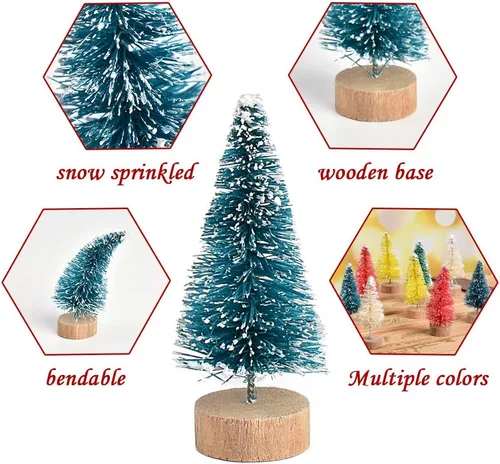 Vista 3 de Mini árbol de Navidad artificial, 24 piezas, multicolor mini cepillo para botellas, árboles helados con base de madera para escenas en miniatura