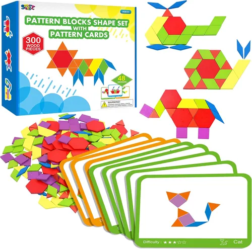 Vista 8 de 155 PIEZAS Juego de Bloques de Patrón de Madera, 24 Tarjetas de Diseño Doble Cara (48 Patrones) Rompecabezas de Forma Geométrica Divertido Tangram