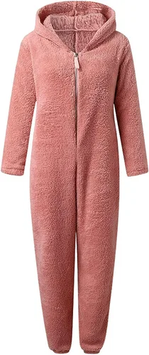 Vista 5 de Lastesso Pijama de invierno con capucha para mujer, de una sola pieza, de sherpa, lindo overol con cremallera completa, conjunto de ropa de dormir