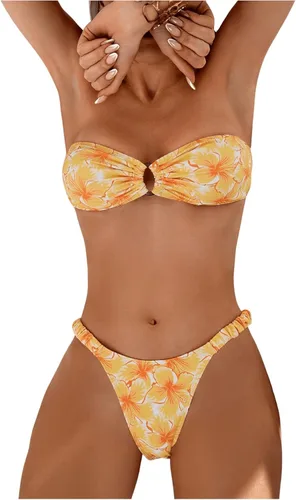 Vista 20 de WDIRARA Conjunto de bikini de 2 piezas sin tirantes para mujer