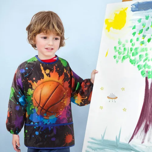 Vista 6 de WERNNSAI Bata de arte para niños impermeable con manga larga y 3 bolsillos de pintura