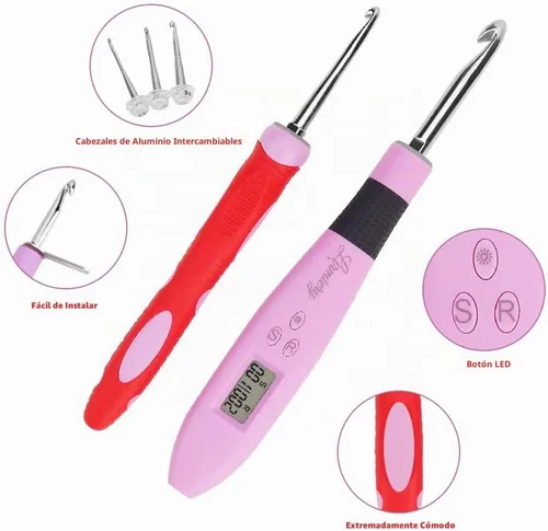 Vista 2 de Juego de Ganchos de Ganchillo con Cuenta Digital, Gancho de Ganchillo Ergonómico con Luz LED y 2 Niveles de Brillo Ajustable, Ganchos de Ganchillo