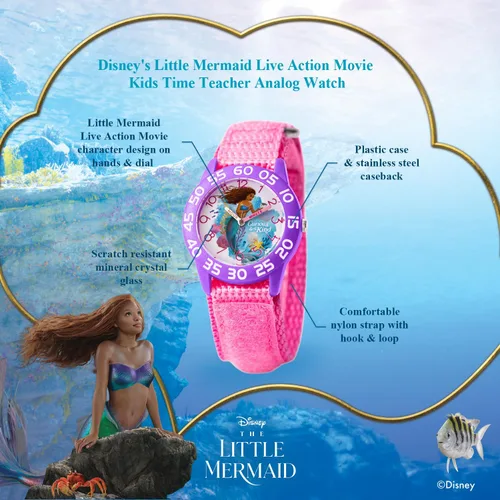 Vista 2 de DISNEY The Little Mermaid Live Action - Reloj analógico de cuarzo para niños, Rosado, Moderno
