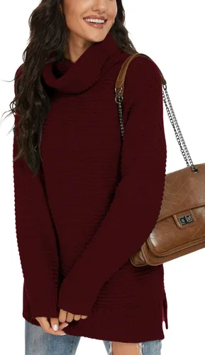 Vista 7 de PrinStory Women's Sweater Turtle Neck Chunky Knit Pullover Sweaters Casual Long Sleeve Tops with Side Slit