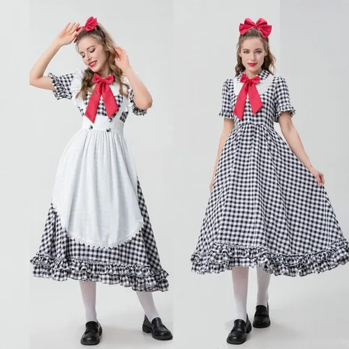 Vista 5 de Vestido de Halloween para mujer 2022, vestido de manga corta a cuadros de moda