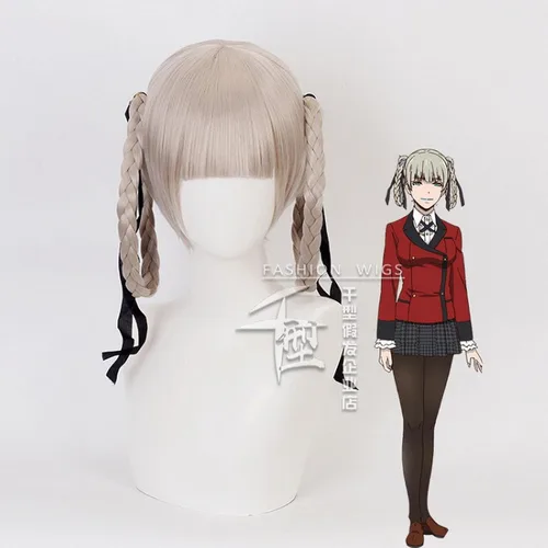 Vista 3 de SYIBOO Anime Kakegurui Kirari Momobami 35cm Short Wigs Gray Braids Styled Clip on Cosplay Wig+ Wig Cap