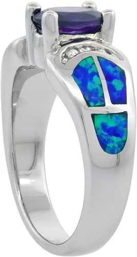 Vista 3 de Anillo ovalado de plata de ley con ópalo sintético azul para mujer, amatista CZ 38 pulgadas