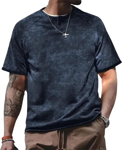 Vista 6 de Men's Oversized T-Shirts Acid Wash Short Sleeve Henley Shirt Regular Fit Raglan Sleeve Retro Distressed Athletic Tops