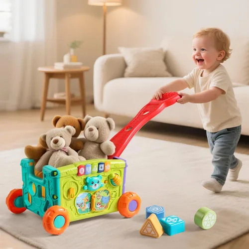 Vista 2 de Baby Walker Juguete Musical de Empuje para Niños Pequeños de 18+ Meses - Carrito de Actividades Educativas con Bloques de Construcción, Asistente