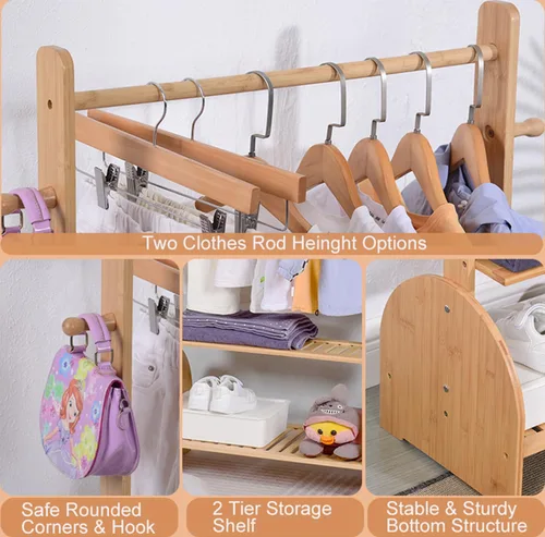 Vista 3 de BAMBOOHOMIE Perchero de ropa para niños con varillas ajustables, perchero de ropa para niños, bebés, mascotas, perchero para niños con 2 estantes