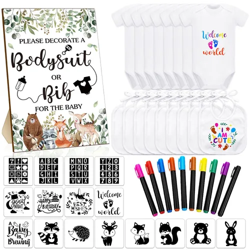 Vista 6 de Chuarry Kit de decoración de baberos de bricolaje de 43 piezas, 8 mamelucos 8 piezas de baberos blancos de 2 capas, 10 marcadores de tela, 16