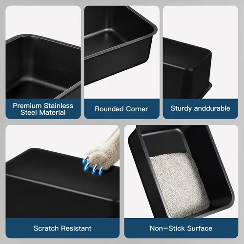 Vista 3 de Caja de arena de acero – Bandeja de arena de metal de alta cara para gatos, revestimiento de pintura negra que no se pela, interior y exterior